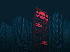 Ransomware buildings with binary code and scull and crossbones